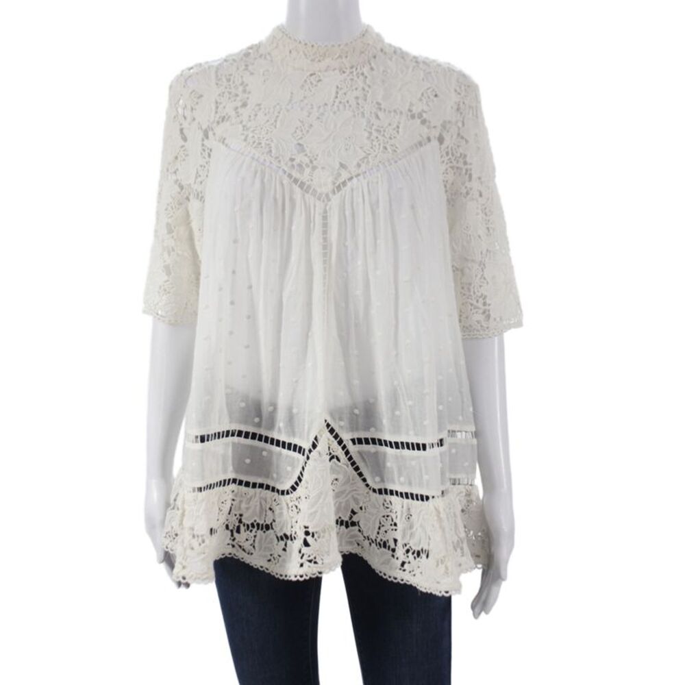 Zimmermann Women Tunic White Polka Dot High Neck 3/4 Sleeve Cotton Size 1